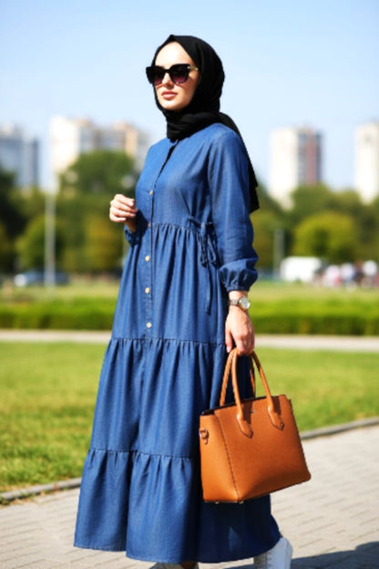 Denim Modest Wear with Pleats & Front Buttons – Royal Blue
