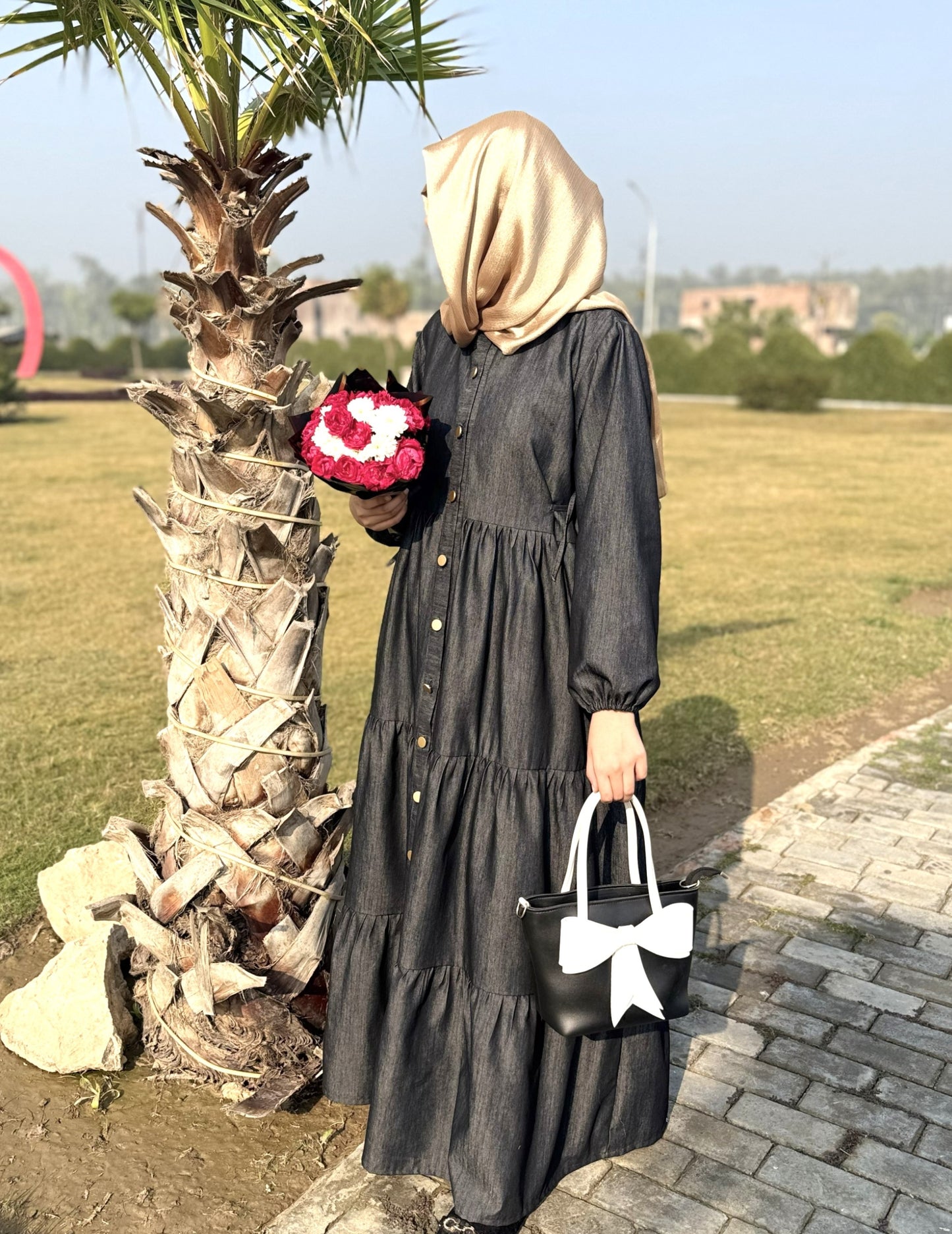 Denim Modest Wear with Pleats & Front Buttons – Greyish Black