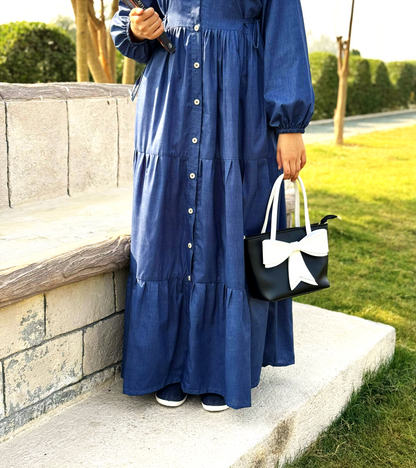 Denim Modest Wear with Pleats & Front Buttons – Royal Blue