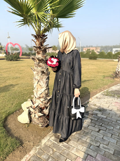 Denim Modest Wear with Pleats & Front Buttons – Greyish Black