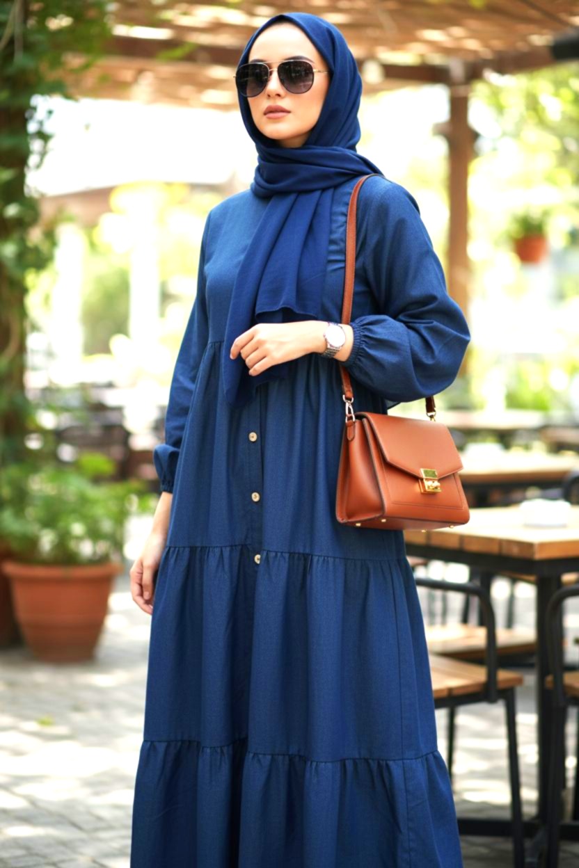 Denim Modest Wear with Pleats & Front Buttons – Royal Blue