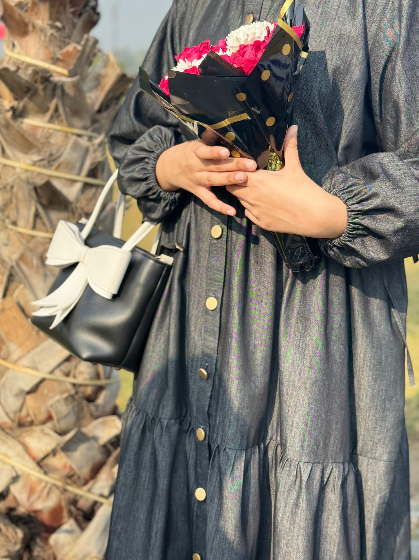 Denim Modest Wear with Pleats & Front Buttons – Greyish Black