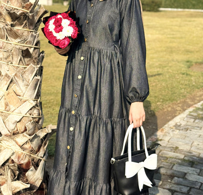 Denim Modest Wear with Pleats & Front Buttons – Greyish Black