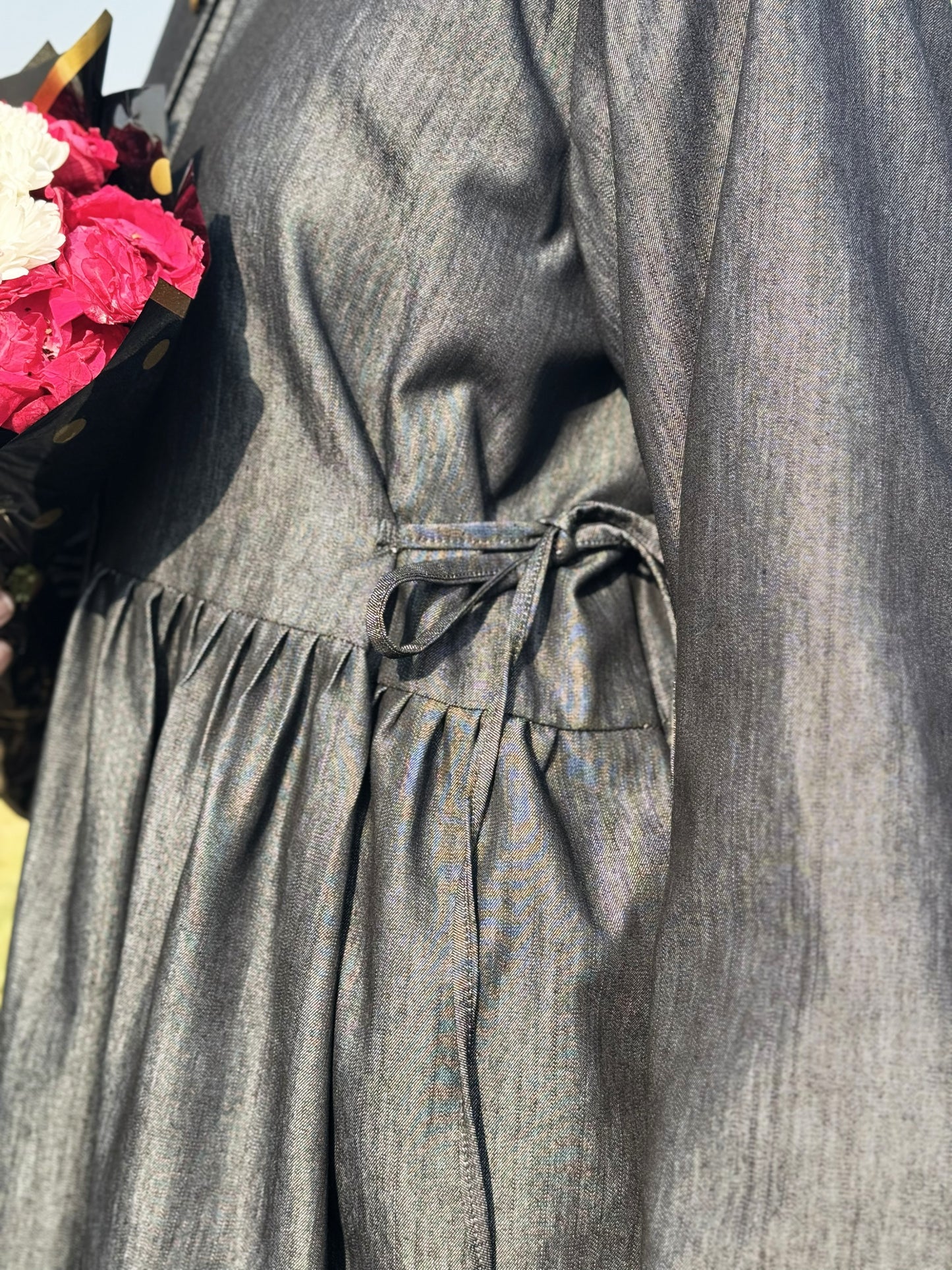 Denim Modest Wear with Pleats & Front Buttons – Greyish Black