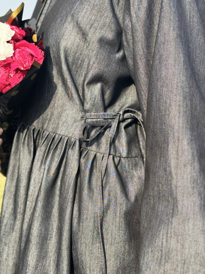 Denim Modest Wear with Pleats & Front Buttons – Greyish Black