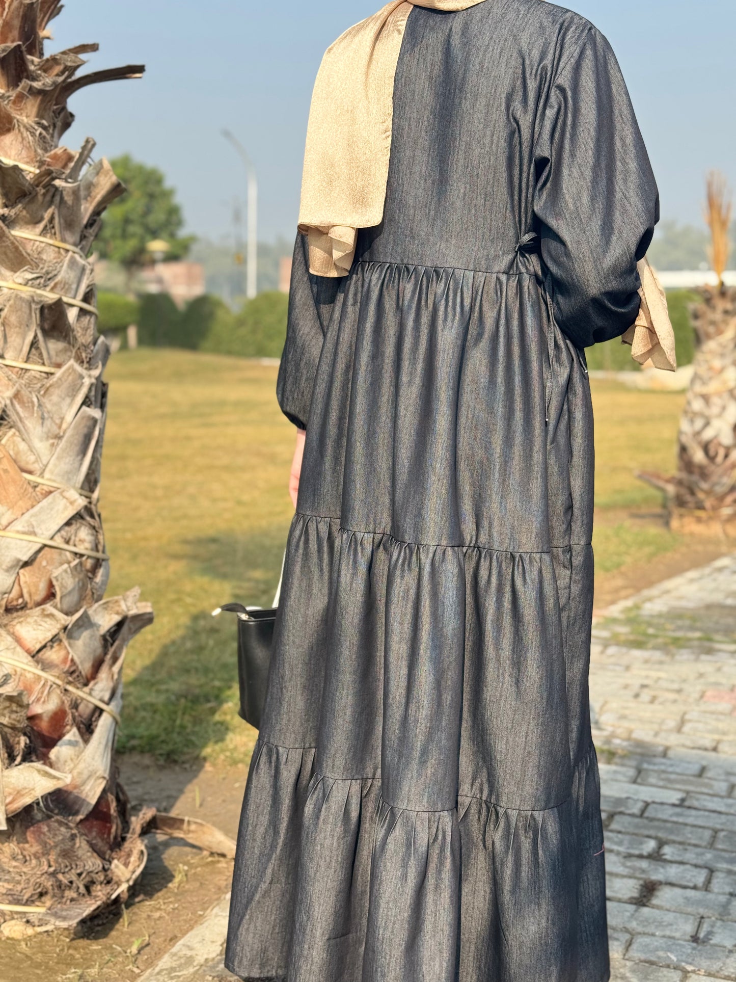 Denim Modest Wear with Pleats & Front Buttons – Greyish Black