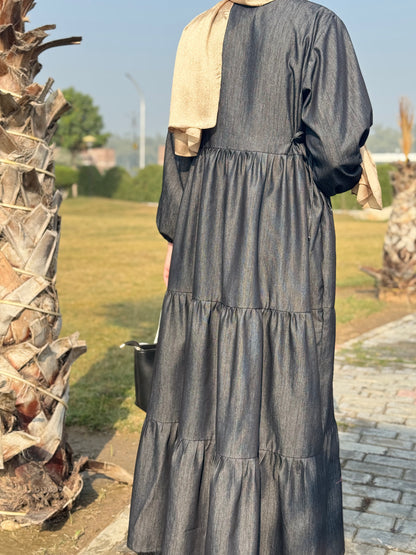 Denim Modest Wear with Pleats & Front Buttons – Greyish Black