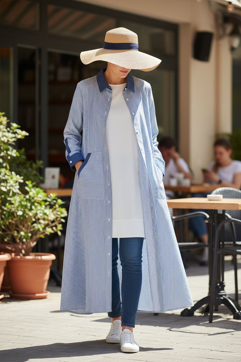 Striped Modest Wear with White & Blue Lining – Front Open Style