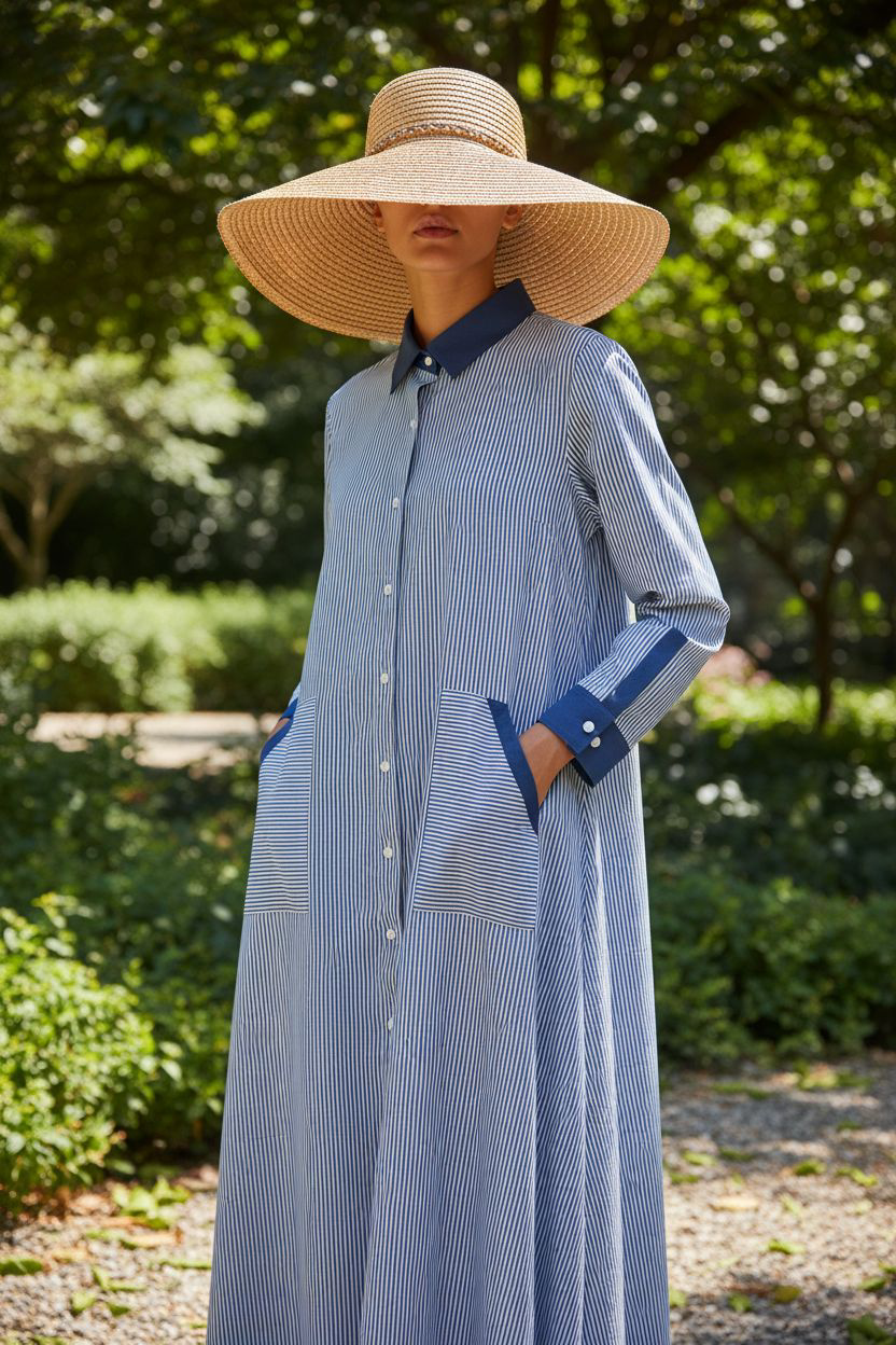 Striped Modest Wear with White & Blue Lining – Front Open Style