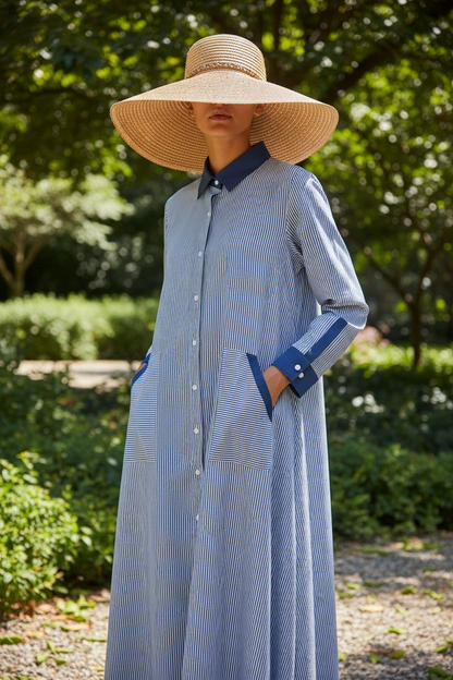 Striped Modest Wear with White & Blue Lining – Front Open Style