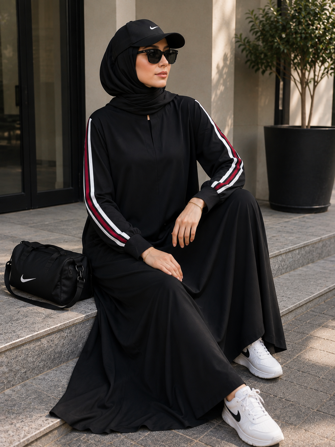 Black Sports Abaya with Triple Stripe Sleeves | Modest Everyday Wear