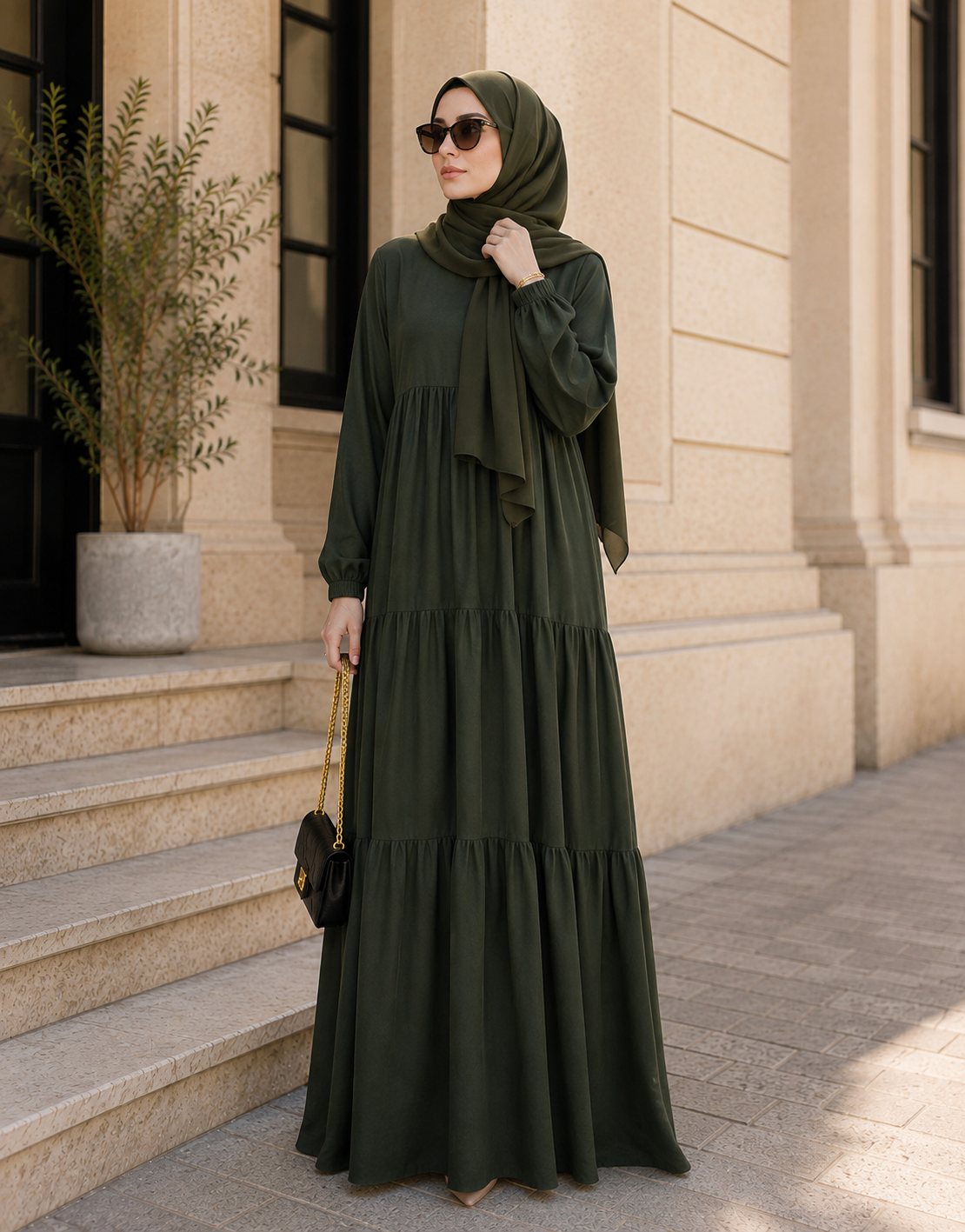 Olive Grace Tiered Modest Abaya Dress – Olive Green