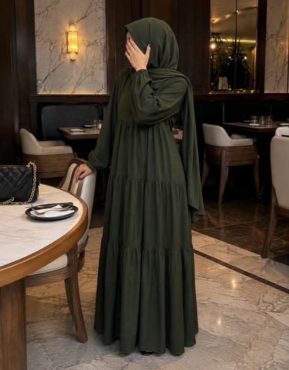 Olive Grace Tiered Modest Abaya Dress – Olive Green