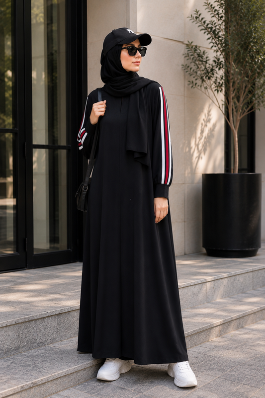 Black Sports Abaya with Triple Stripe Sleeves | Modest Everyday Wear