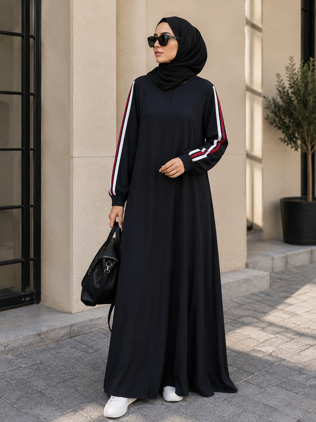 Black Sports Abaya with Triple Stripe Sleeves | Modest Everyday Wear