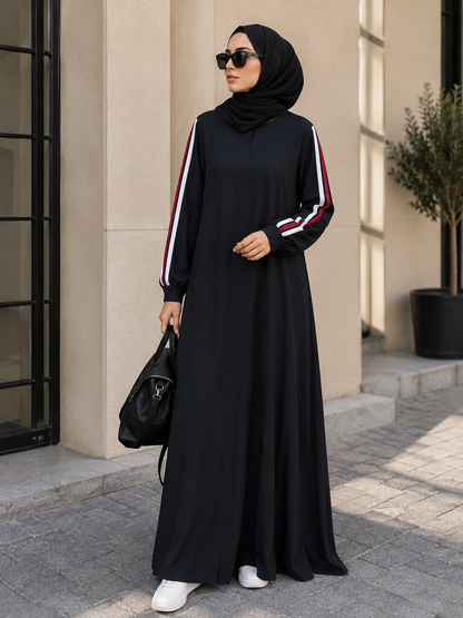 Black Sports Abaya with Triple Stripe Sleeves | Modest Everyday Wear
